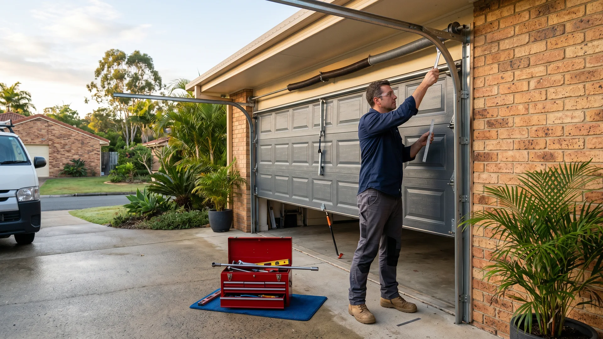 Garage door repairs north Brisbane technician working on a sectional garage door
